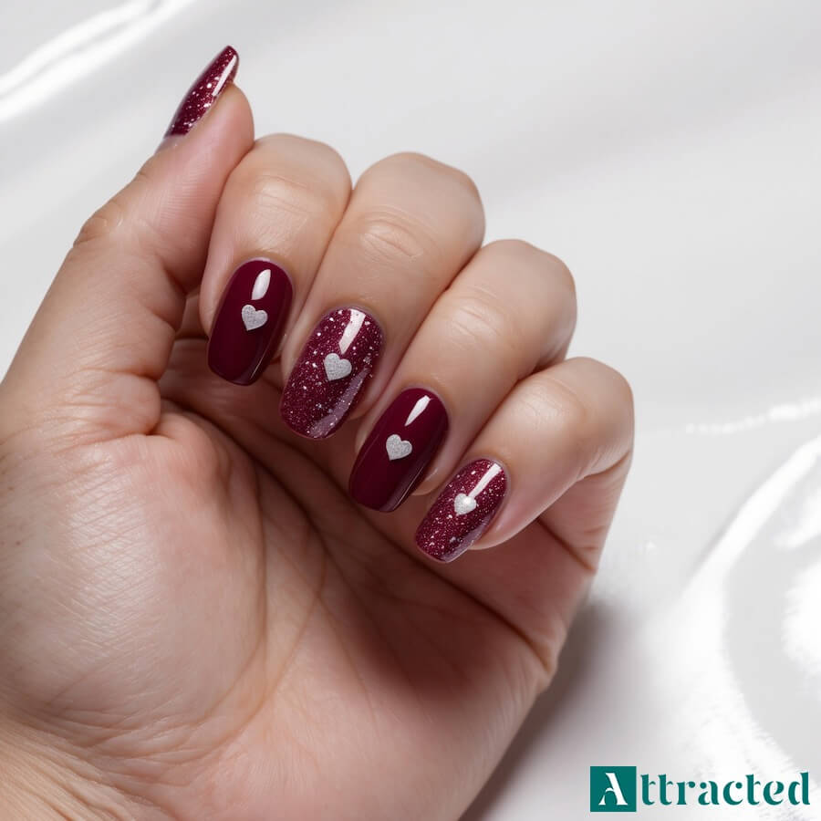 Paznokcie bordo z brokatem i serduszkami