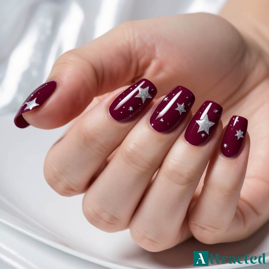 Paznokcie bordo z delikatnym srebrnym brokatem w kształcie gwiazdek