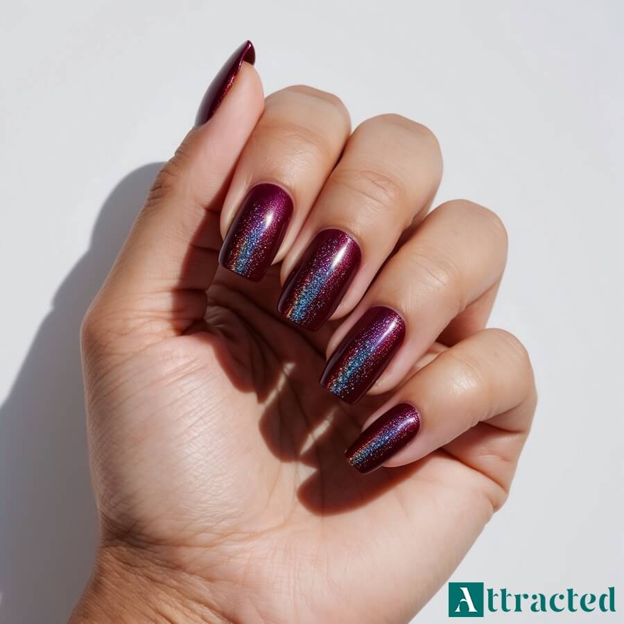 Paznokcie bordowe z holograficznym brokatem na całej powierzchni
