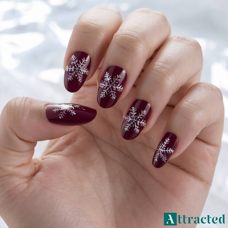Paznokcie bordowe z delikatnym srebrnym brokatem w kształcie płatków śniegu
