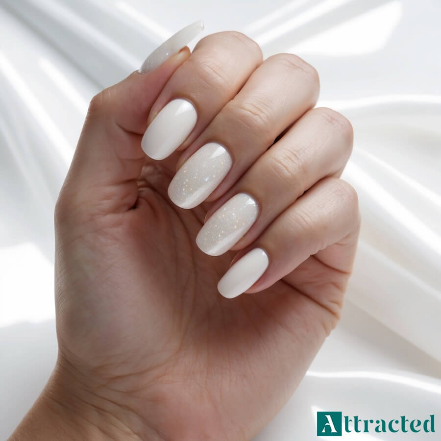 Paznokcie mleczne z delikatnym brokatem