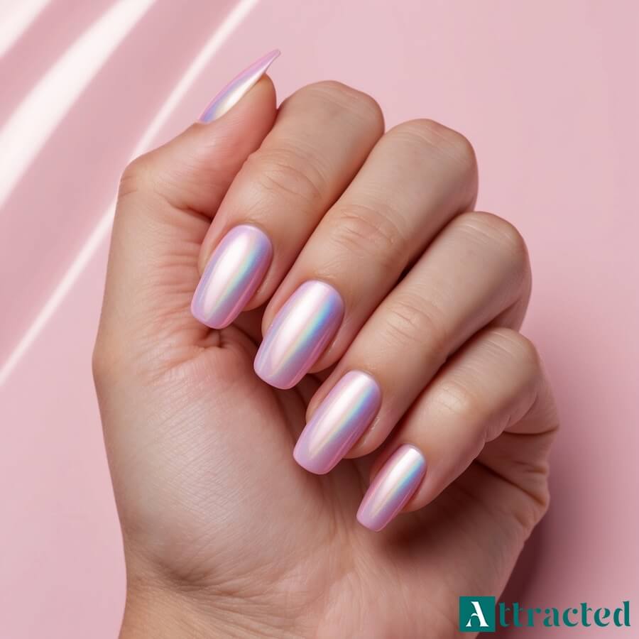 Holograficzne efekty w różowym manicure