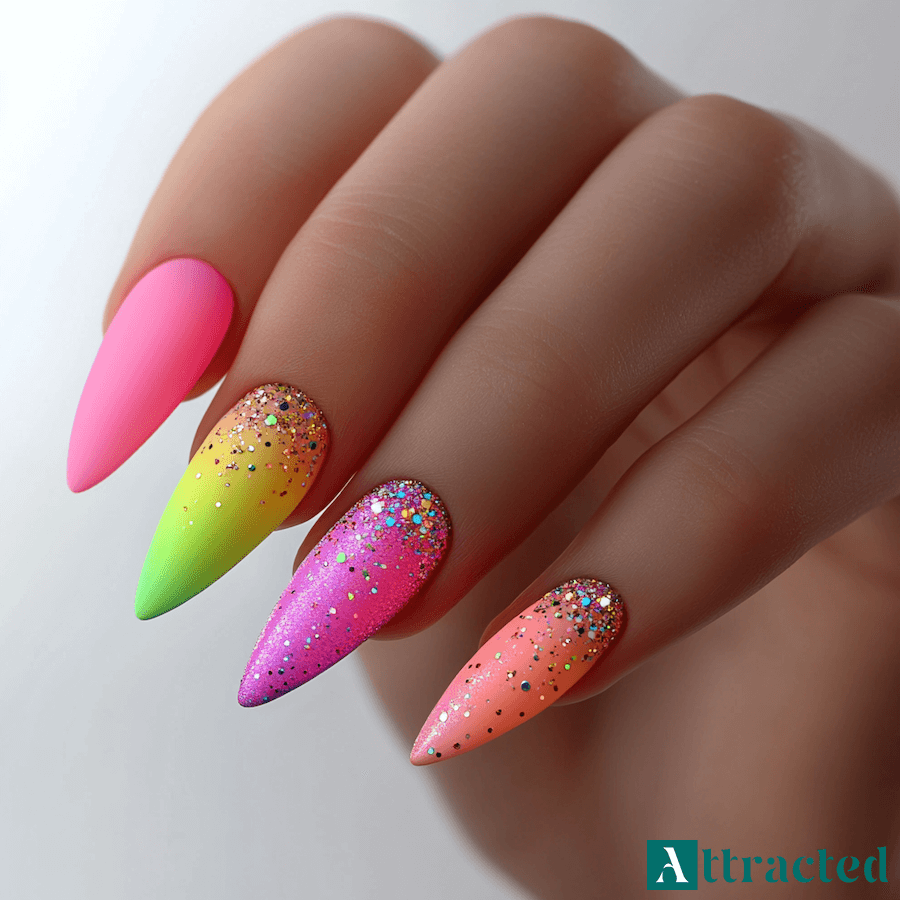 Matowe neonowe paznokcie z błyszczącym brokatem