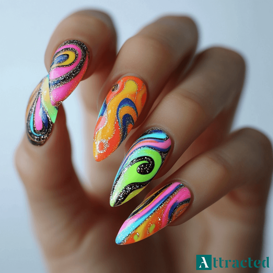 Neonowe abstrakcyjne wzory z brokatowymi akcentami