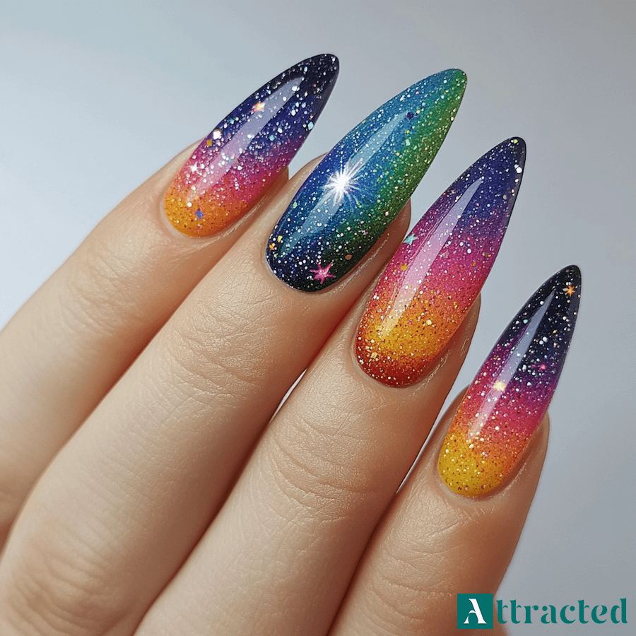 Neonowe paznokcie z brokatowym efektem galaktyki