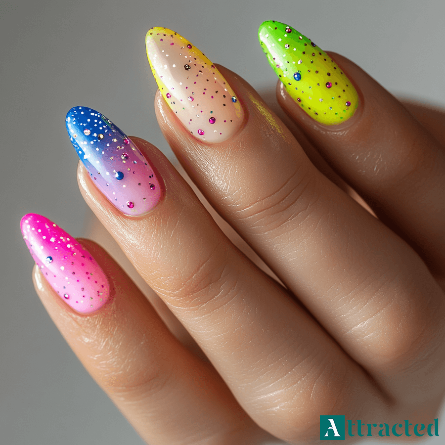 Neonowe paznokcie z brokatowymi kropkami