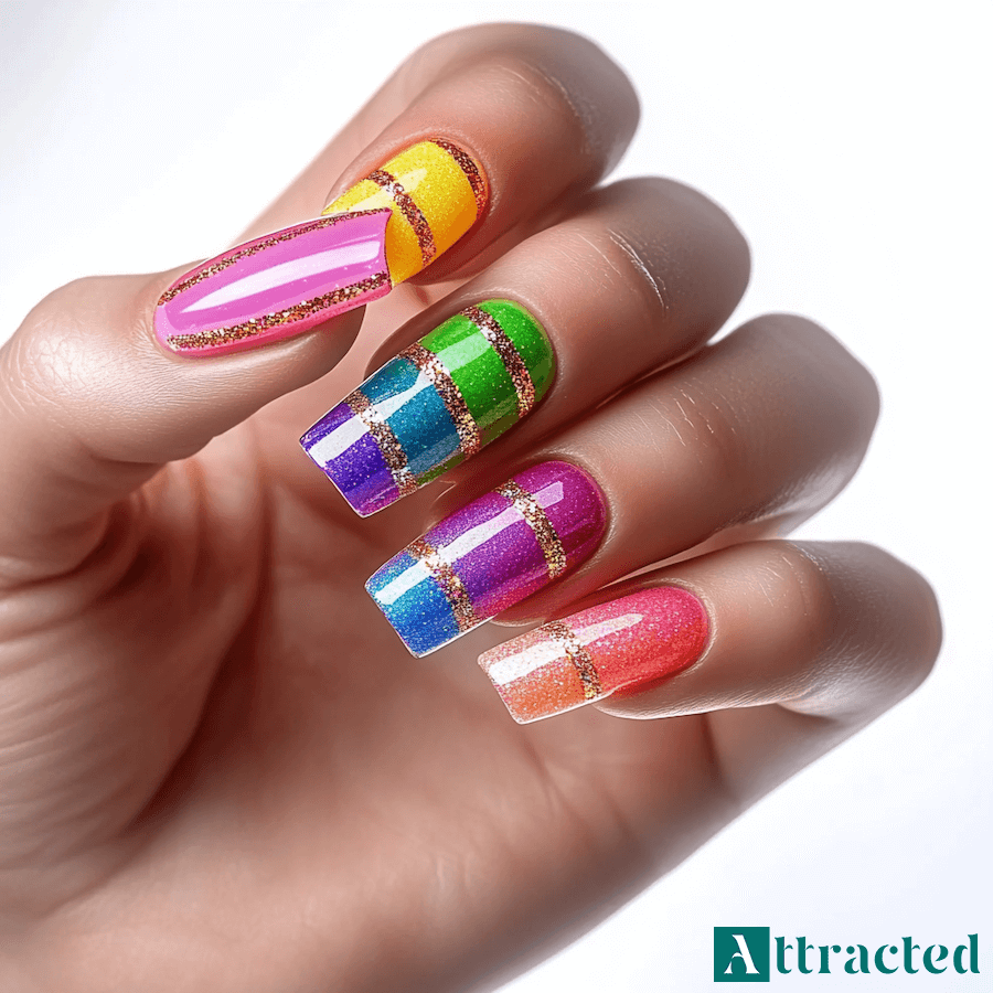 Neonowe paznokcie z brokatowymi paskami