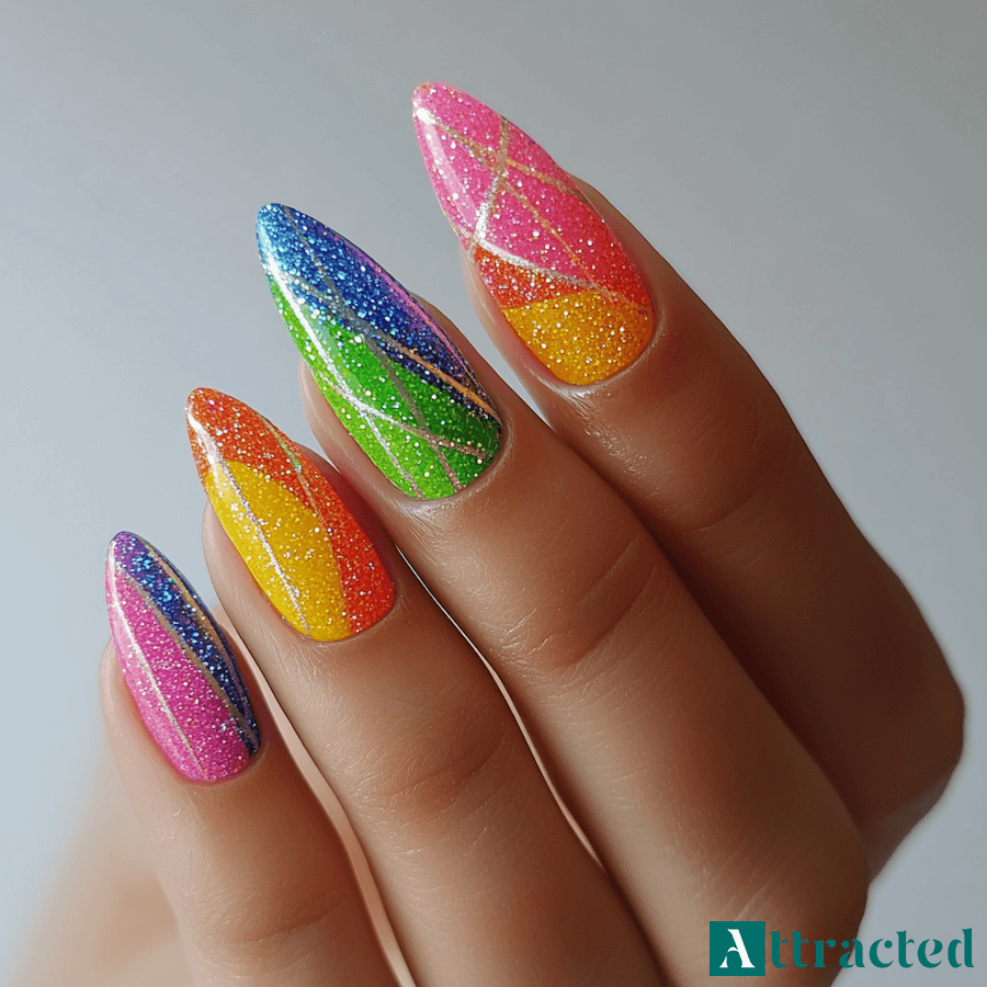 Neonowe paznokcie z brokatowymi wzorami geometrycznymi