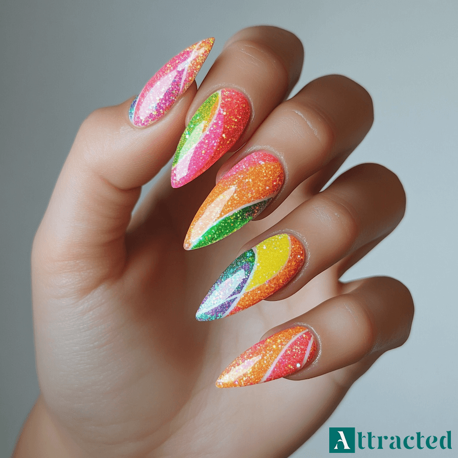 Neonowe wzory z brokatem i wzorem geometrycznym