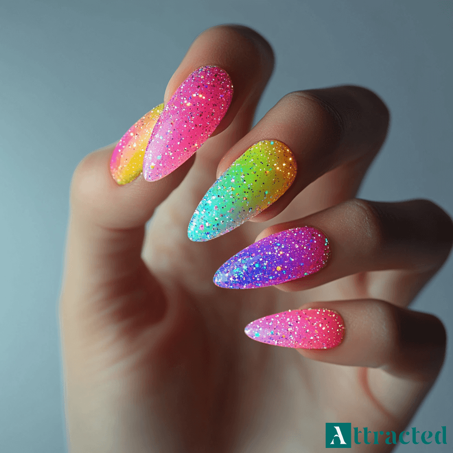 Neonowe paznokcie z holograficznym brokatem