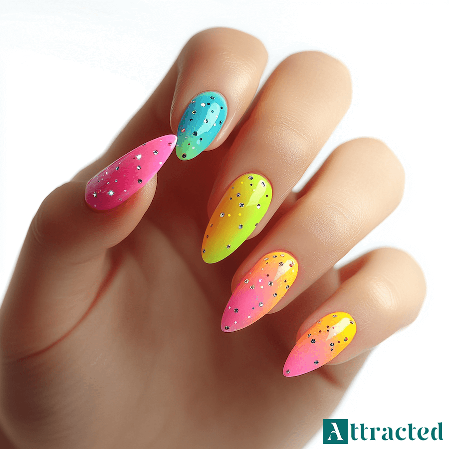 Neonowe paznokcie z kropkami brokatowymi