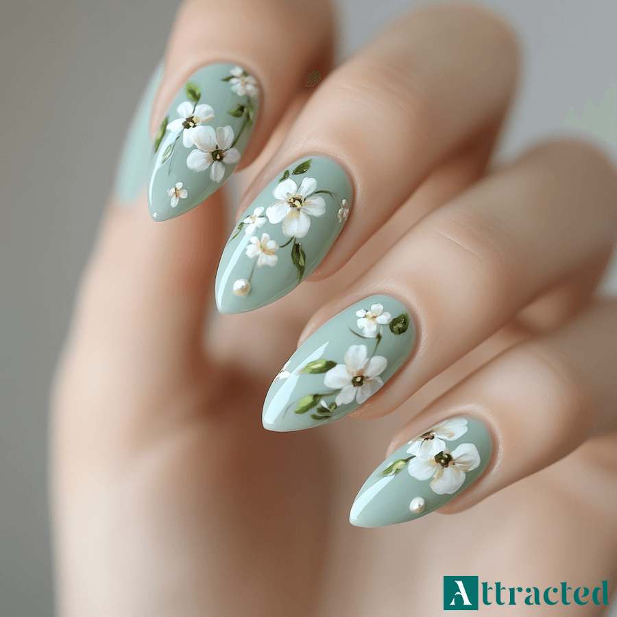 Paznokcie miętowe z białym akcentem kwiatowym