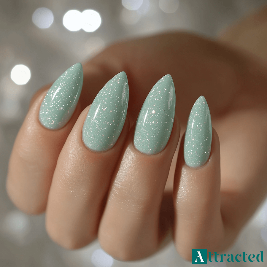 Paznokcie miętowe z białym brokatem