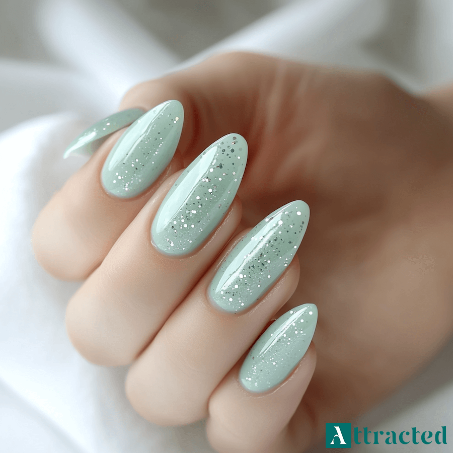 Paznokcie miętowe z białym i miętowym brokatem