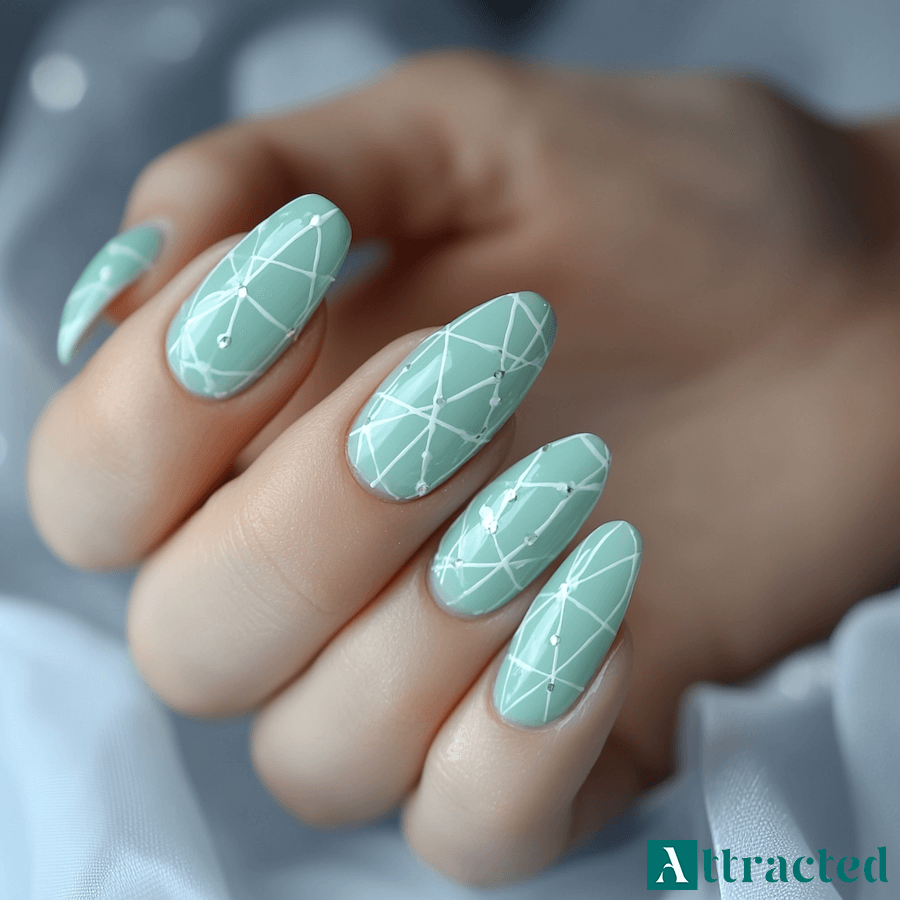 Paznokcie miętowe z białym wzorem geometrycznym