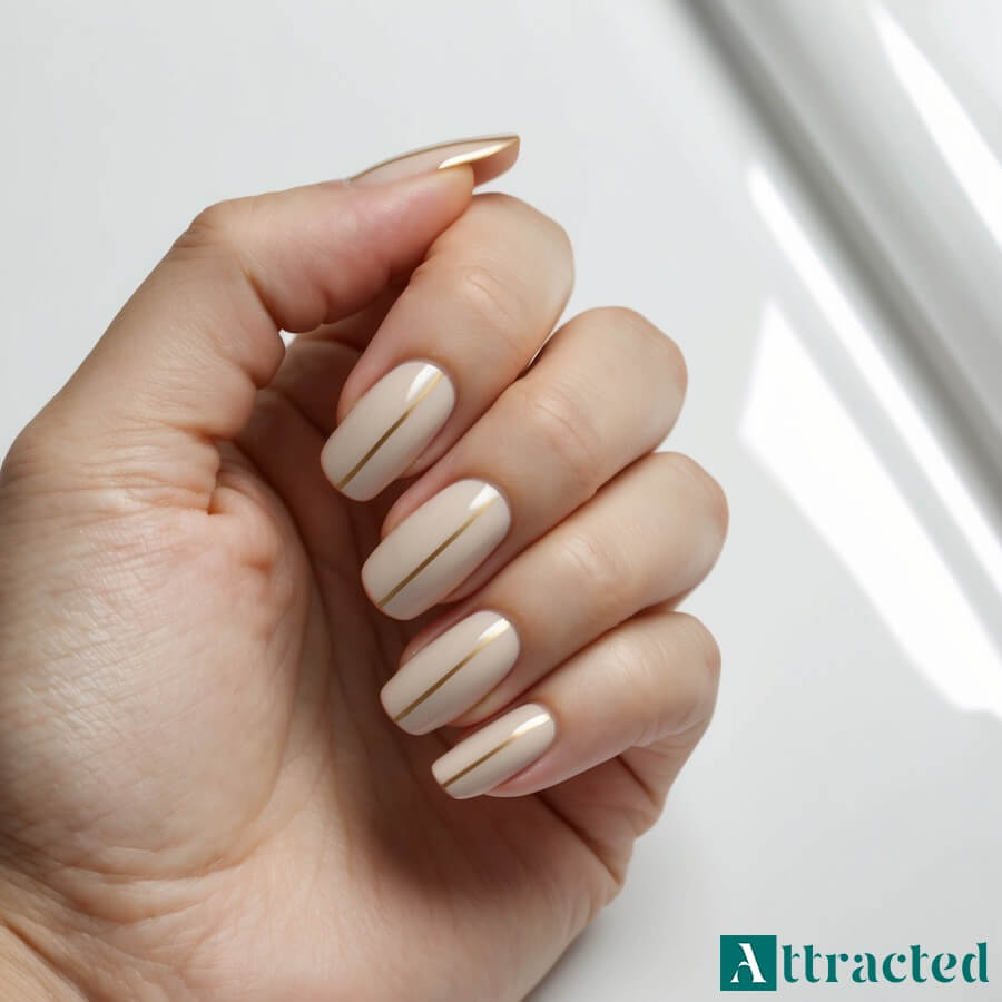 Paznokcie nude z delikatnymi złotymi paskami