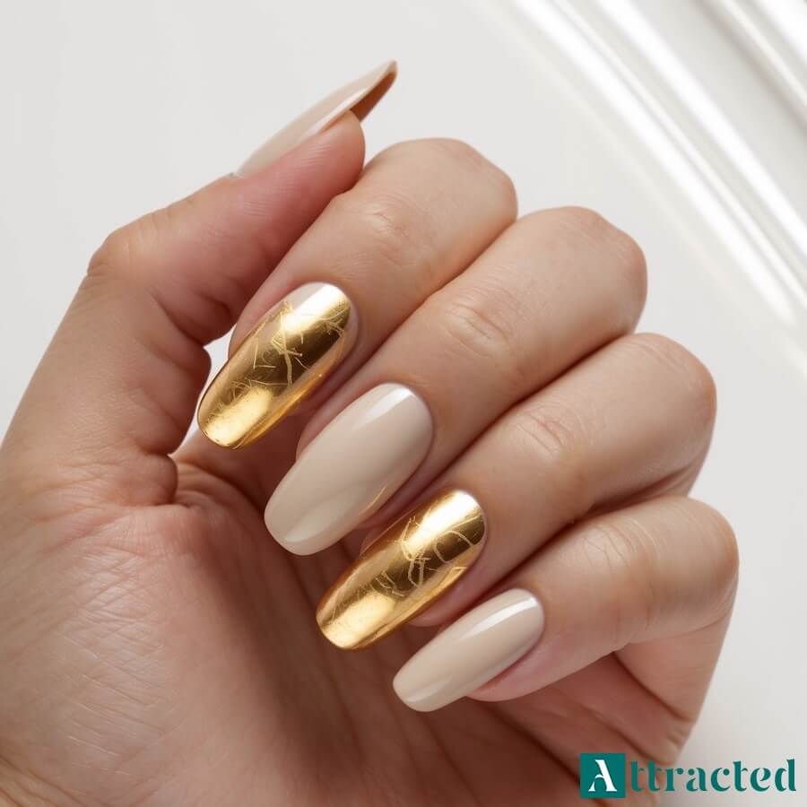 Paznokcie nude z efektem złotej folii