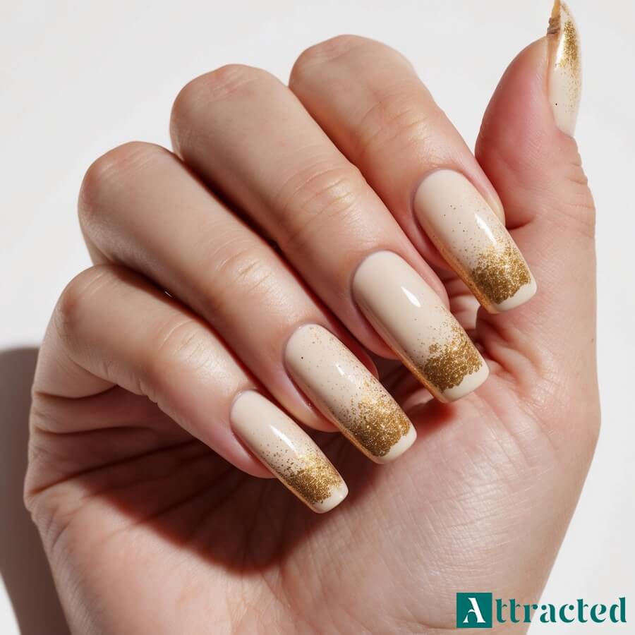 Paznokcie nude z połyskiem glazury i złotym pyłem
