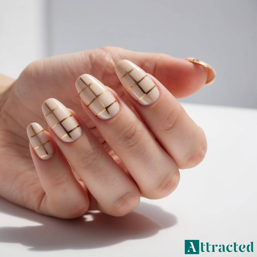 Paznokcie nude ze złotymi akcentami geometrycznymi