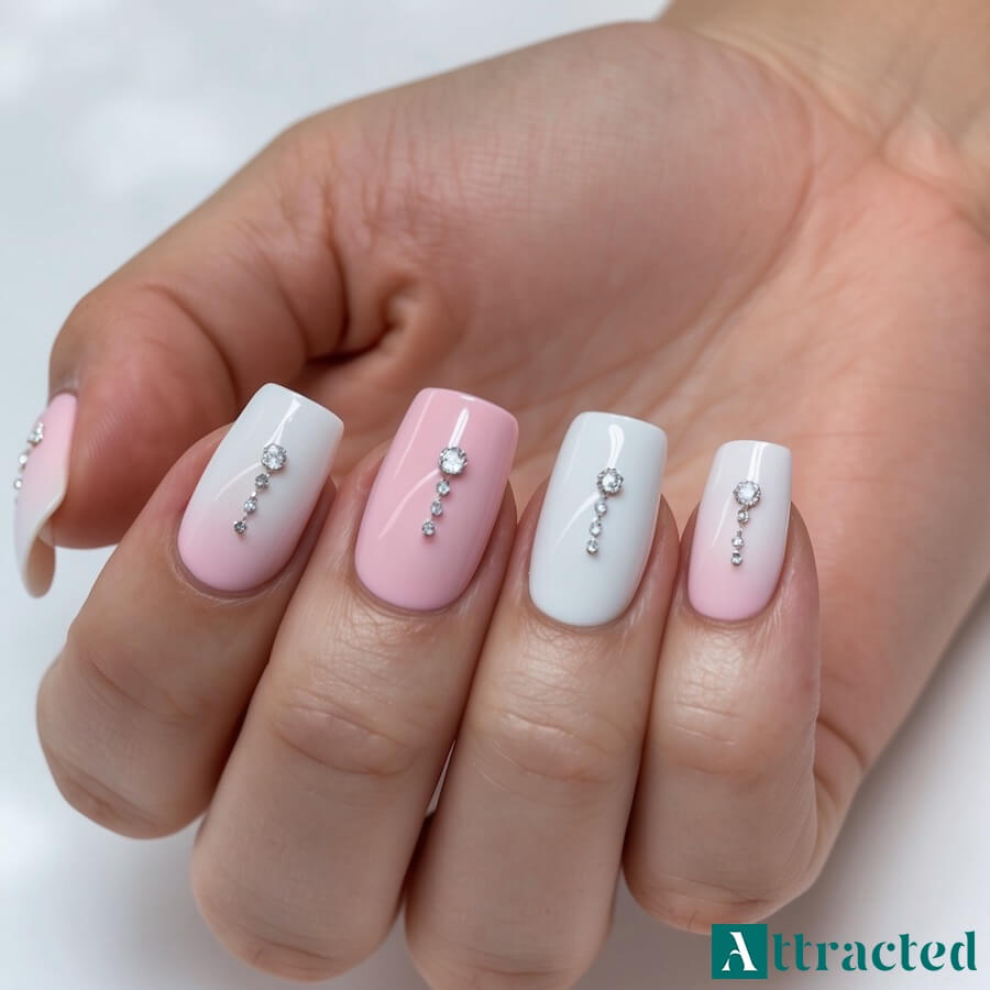 Paznokcie ślubne baby boomer z kryształkami