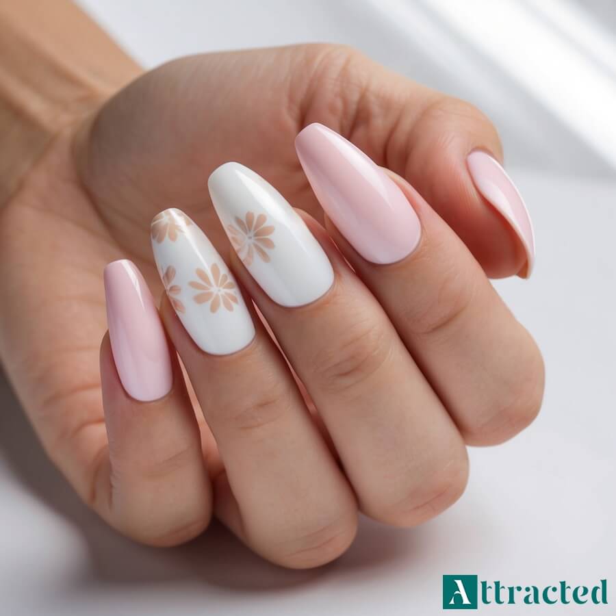 Paznokcie ślubne baby boomer z kwiatowym akcentem