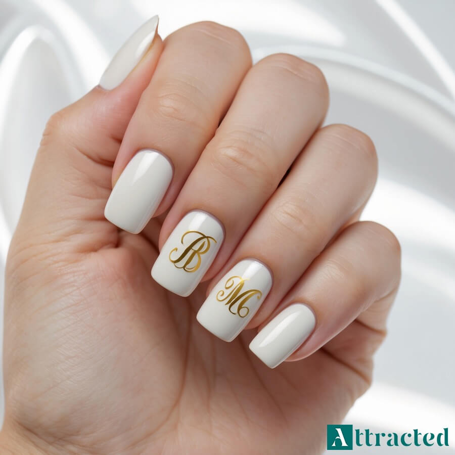 Paznokcie ślubne kwadratowe z monogramem