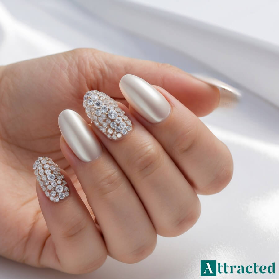 Paznokcie ślubne matowe z błyszczącymi akcentami