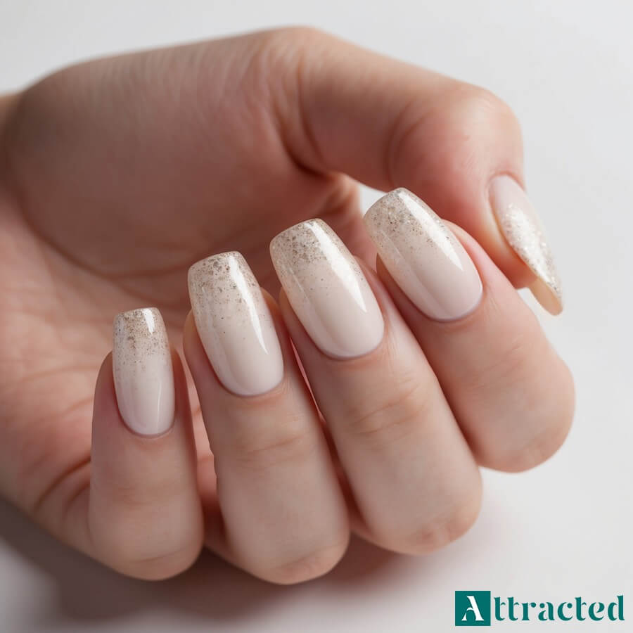 Delikatne paznokcie ślubne nude z brokatem