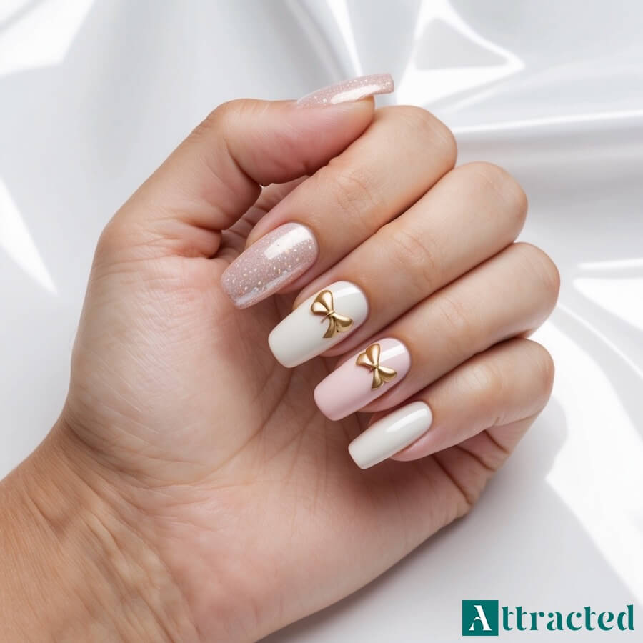 Paznokcie ślubne z brokatem i mikro kokardkami