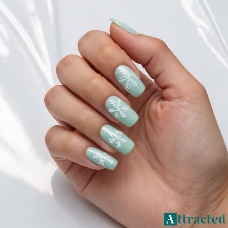 Paznokcie ślubne z brokatem i śnieżynkami