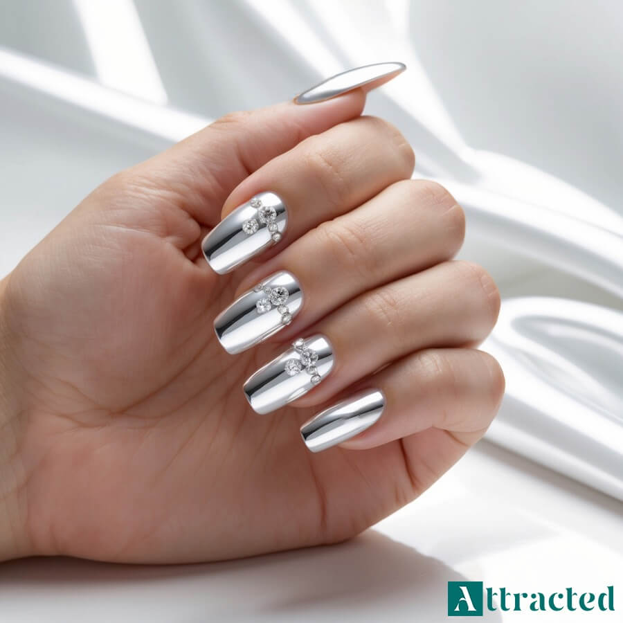 Paznokcie ślubne z efektem chromu i kryształkami
