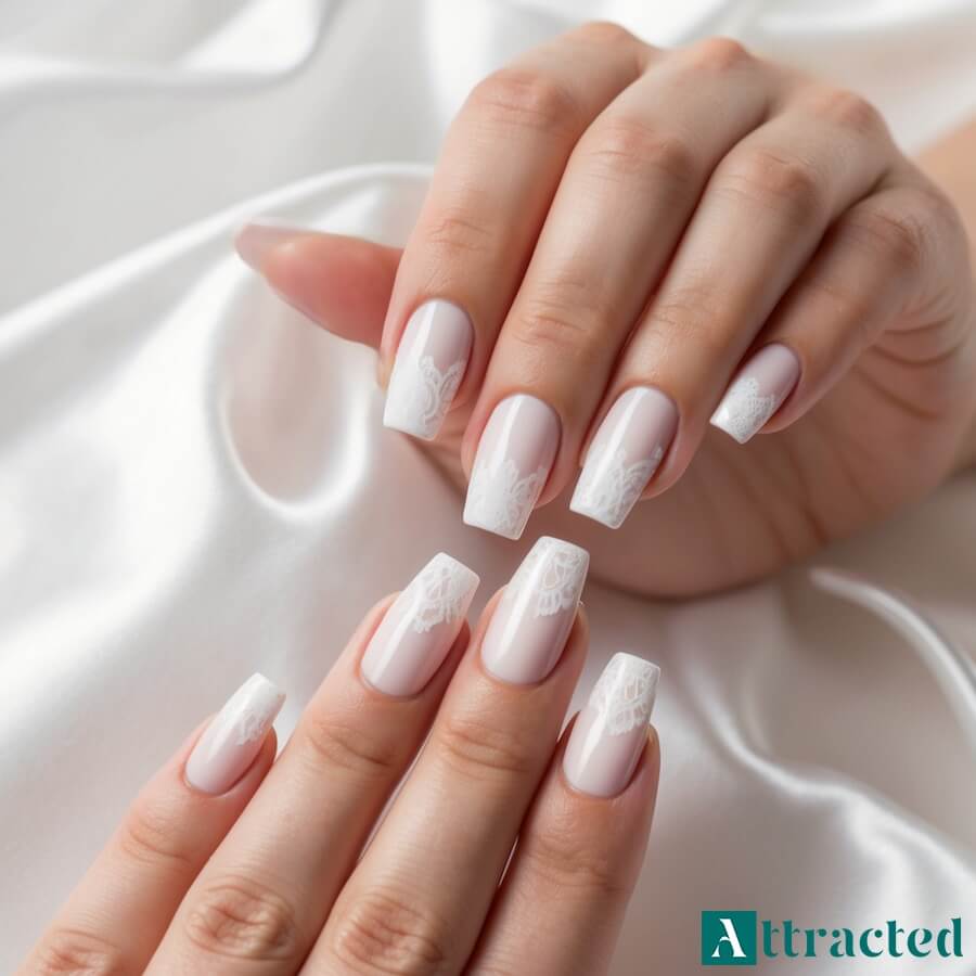 Paznokcie ślubne z koronką francuską