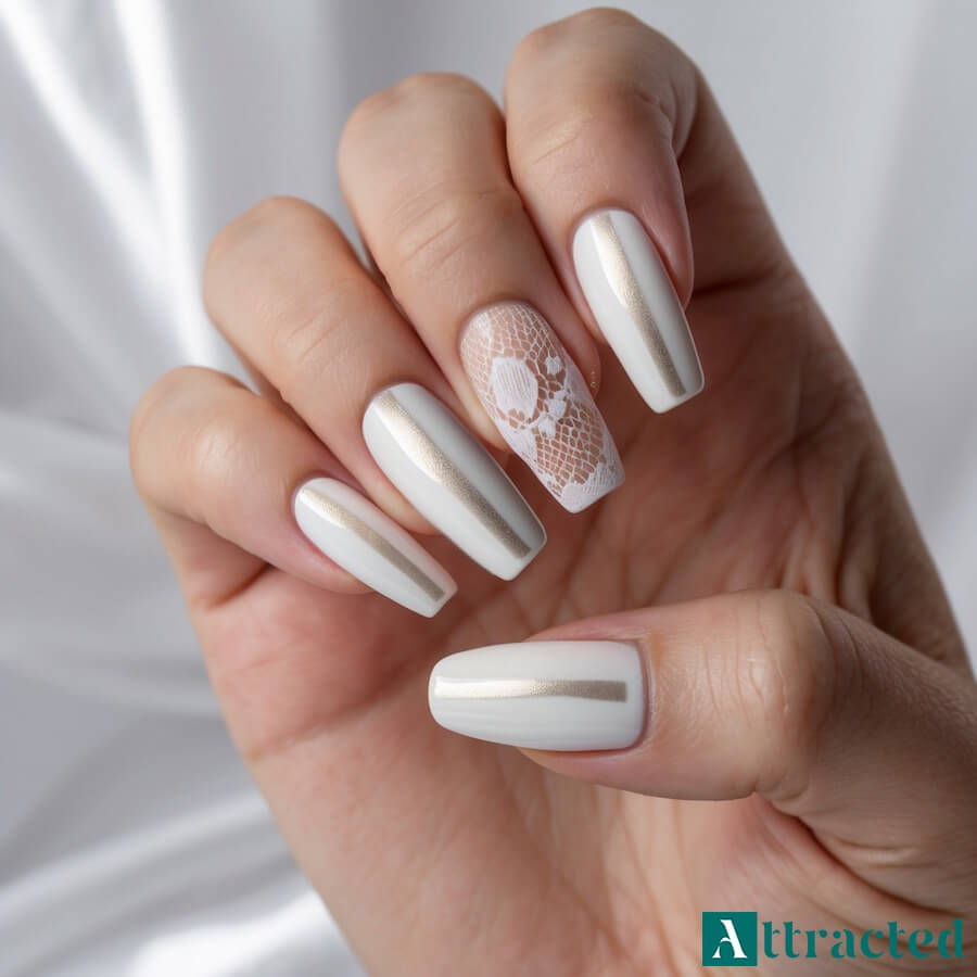 Paznokcie ślubne z koronką i brokatem