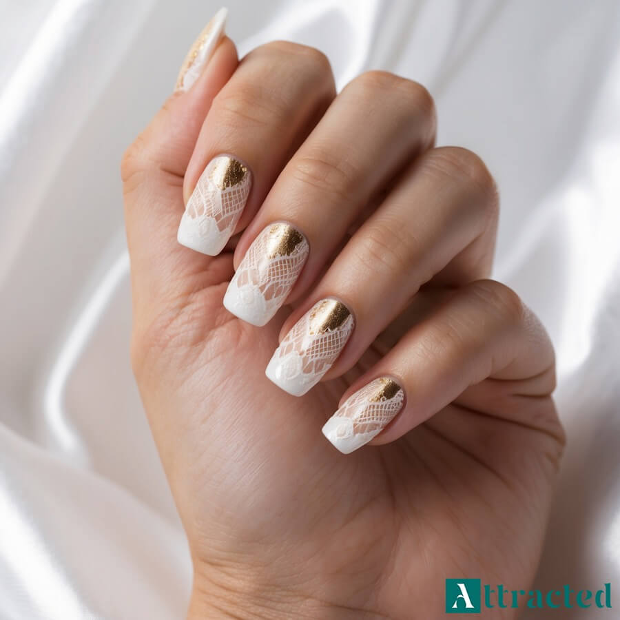 Paznokcie ślubne z koronką i złotem
