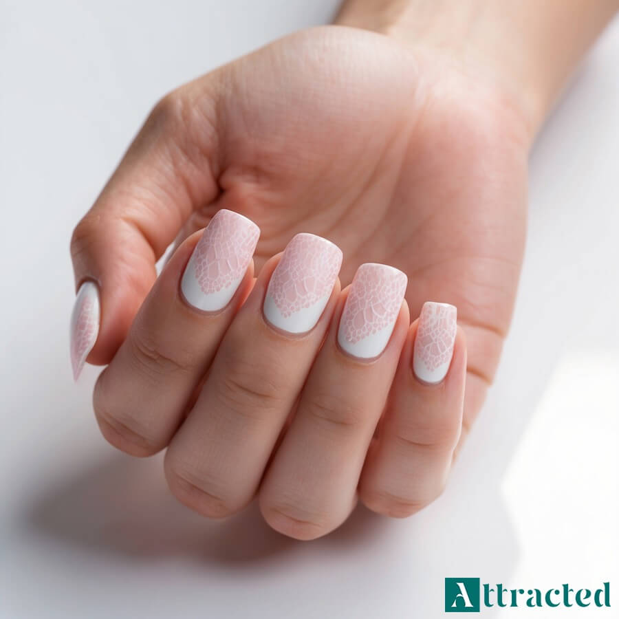 Paznokcie ślubne z koronką różową