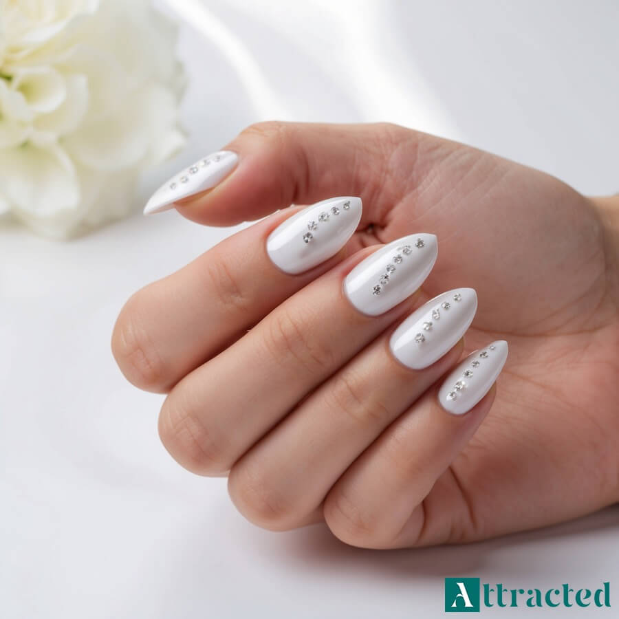 Delikatne paznokcie ślubne z kryształkowymi akcentami