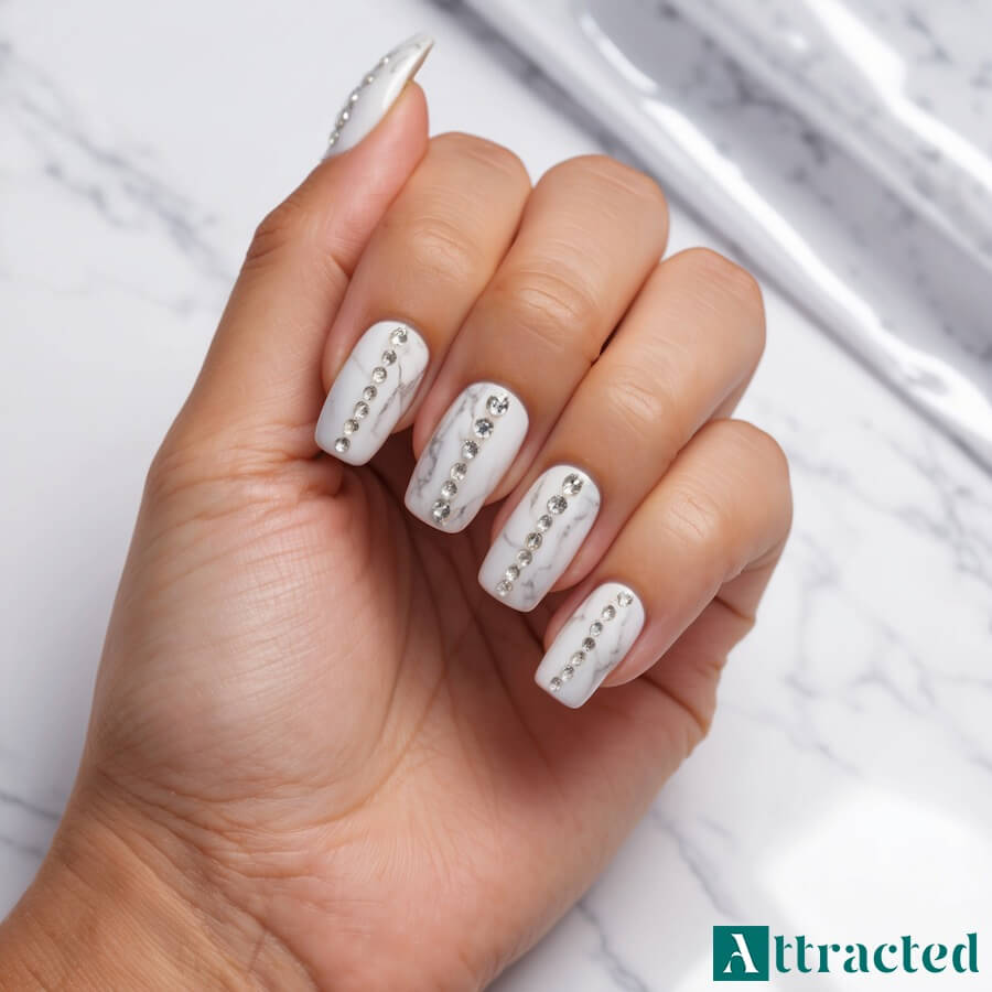 Paznokcie ślubne z marmurkowym wzorem i cyrkoniami