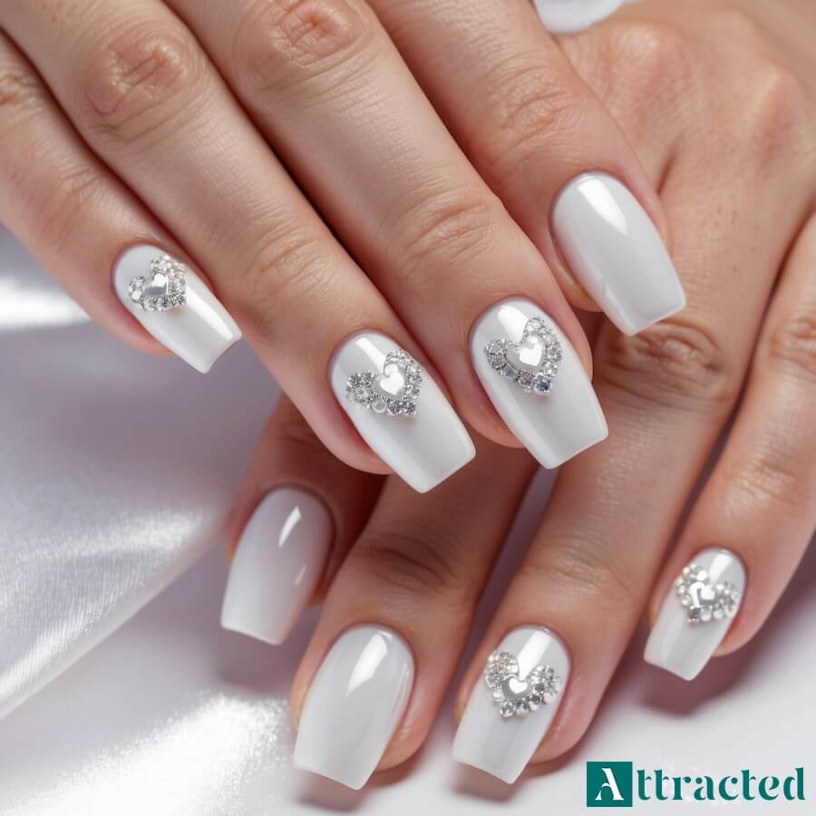 Paznokcie ślubne z motywem serduszkami z cyrkonii