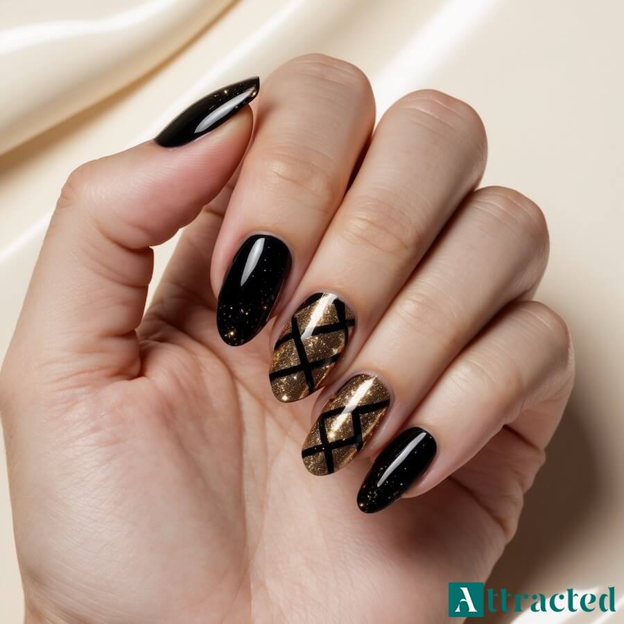 Paznokcie ze złotym brokatem i czarnym akcentem