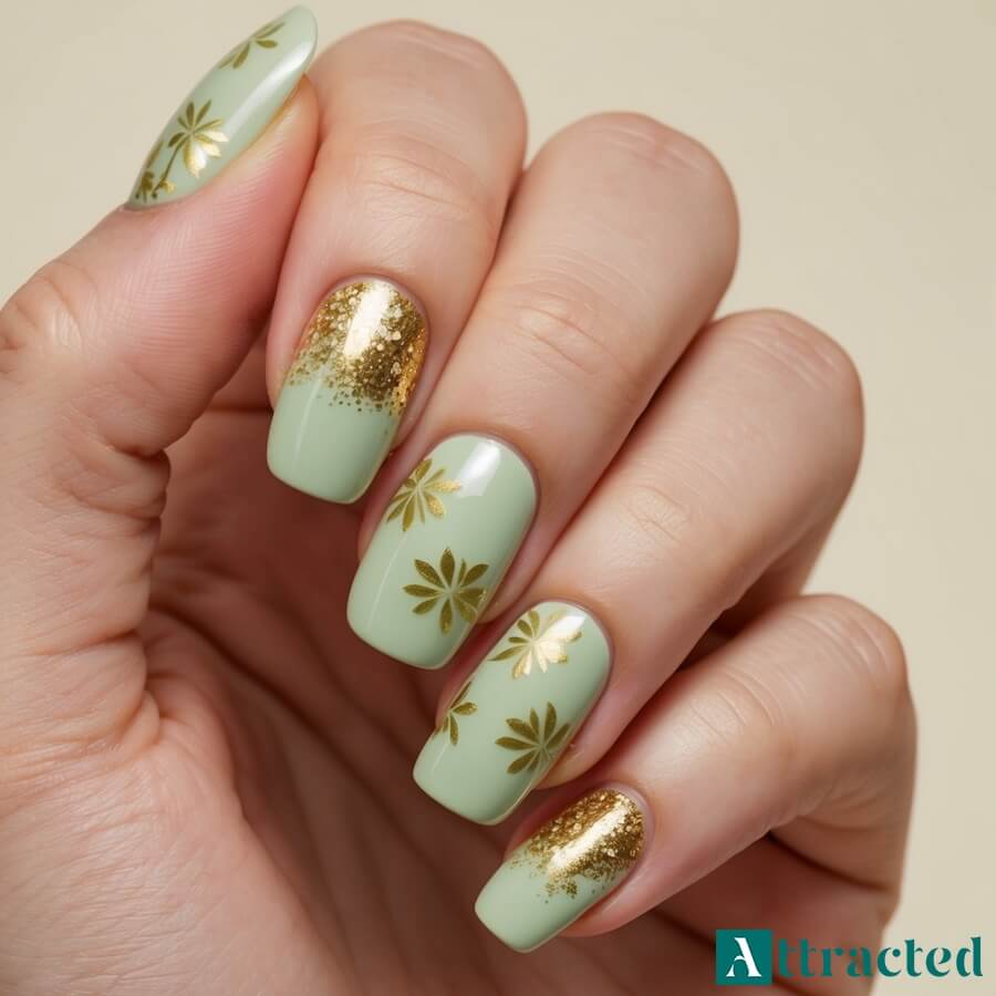 Paznokcie ze złotym brokatem i kwiatowym motywem