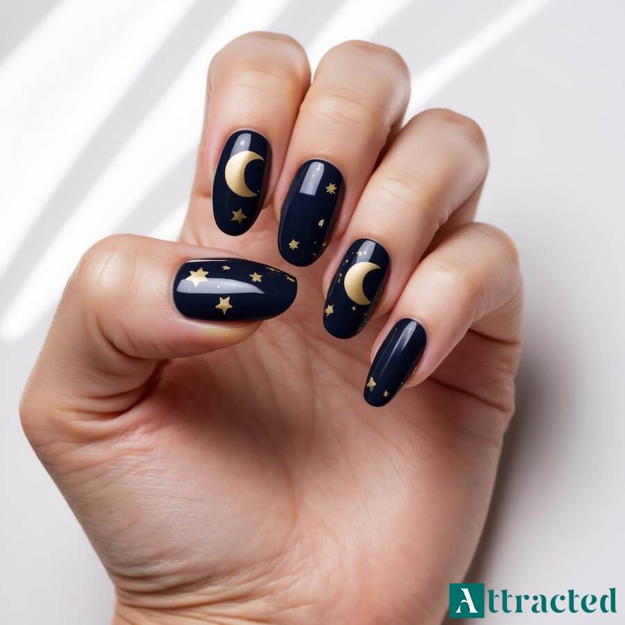 Jesienne paznokcie z księżycem i gwiazdami