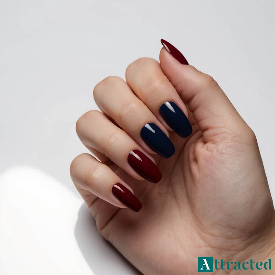 Paznokcie ciemnoczerwone z ciemnym granatowym podtonem
