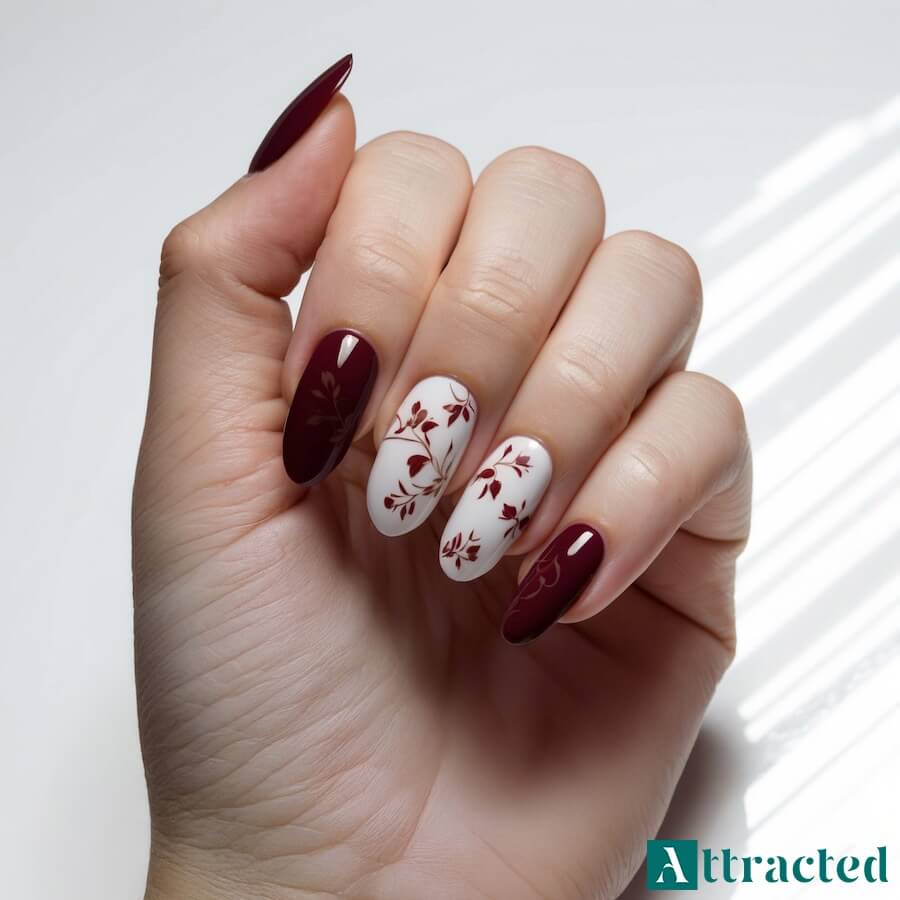 Paznokcie ciemnoczerwone z kwiatowymi zdobieniami