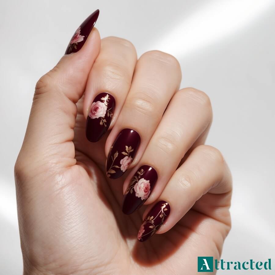 Paznokcie ciemnoczerwone z różowymi kwiatowymi zdobieniami