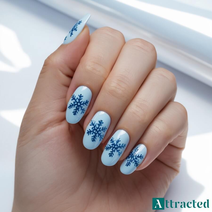 Paznokcie zimowe z niebieskimi płatkami śniegu