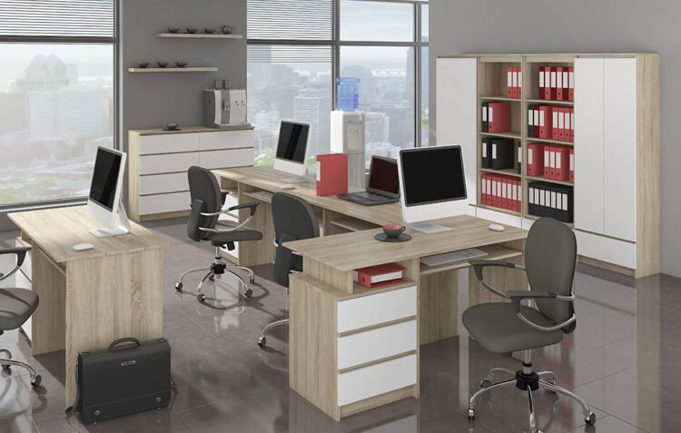 Biuro, biurka, komputery, krzesła, szafy na dokumenty