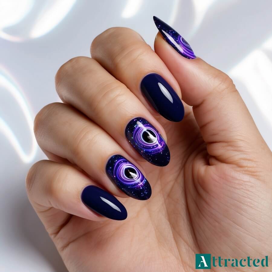 Granatowe paznokcie z galaktycznym błyskiem