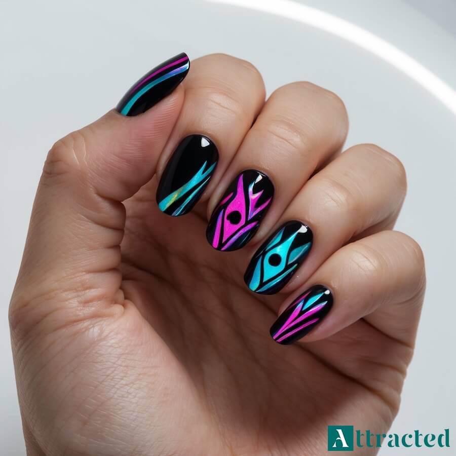 Neonowe smugi na czerni z hologramem