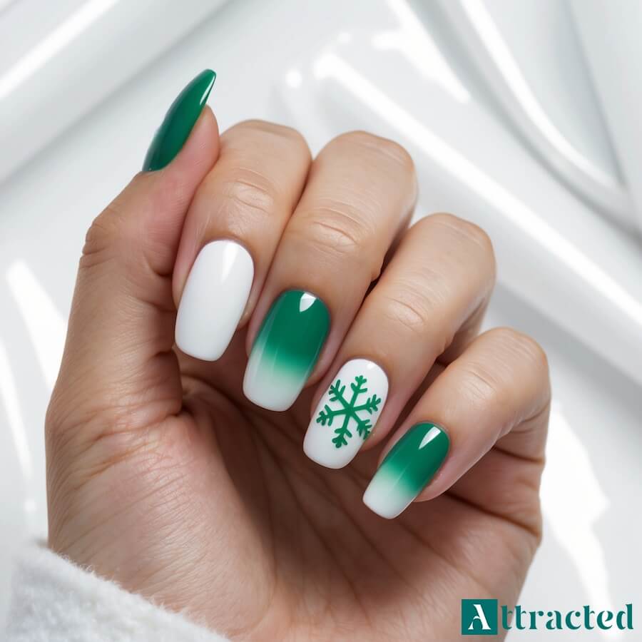 Akcentowana śnieżynka na pojedynczym paznokciu i zielone akcenty