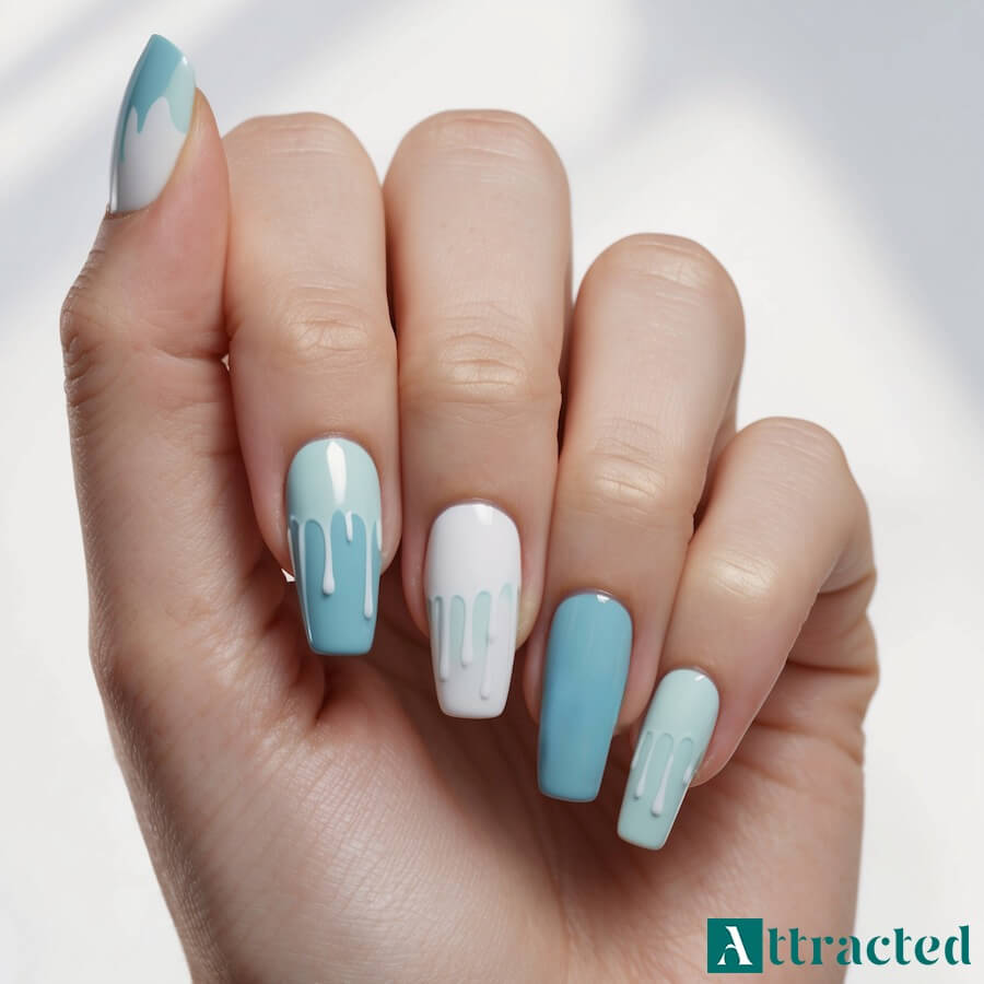 Błękitne weselne paznokcie z efektem "spływającej farby"